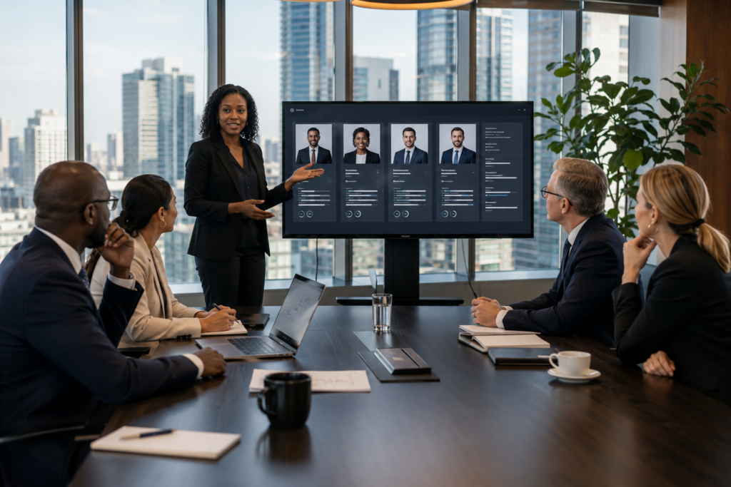 A People and Partners Group (PPG) consultant presents shortlisted executive candidate profiles on a screen to a diverse group of senior business leaders in a modern boardroom overlooking a city skyline.