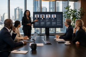 A People and Partners Group (PPG) consultant presents shortlisted executive candidate profiles on a screen to a diverse group of senior business leaders in a modern boardroom overlooking a city skyline.
