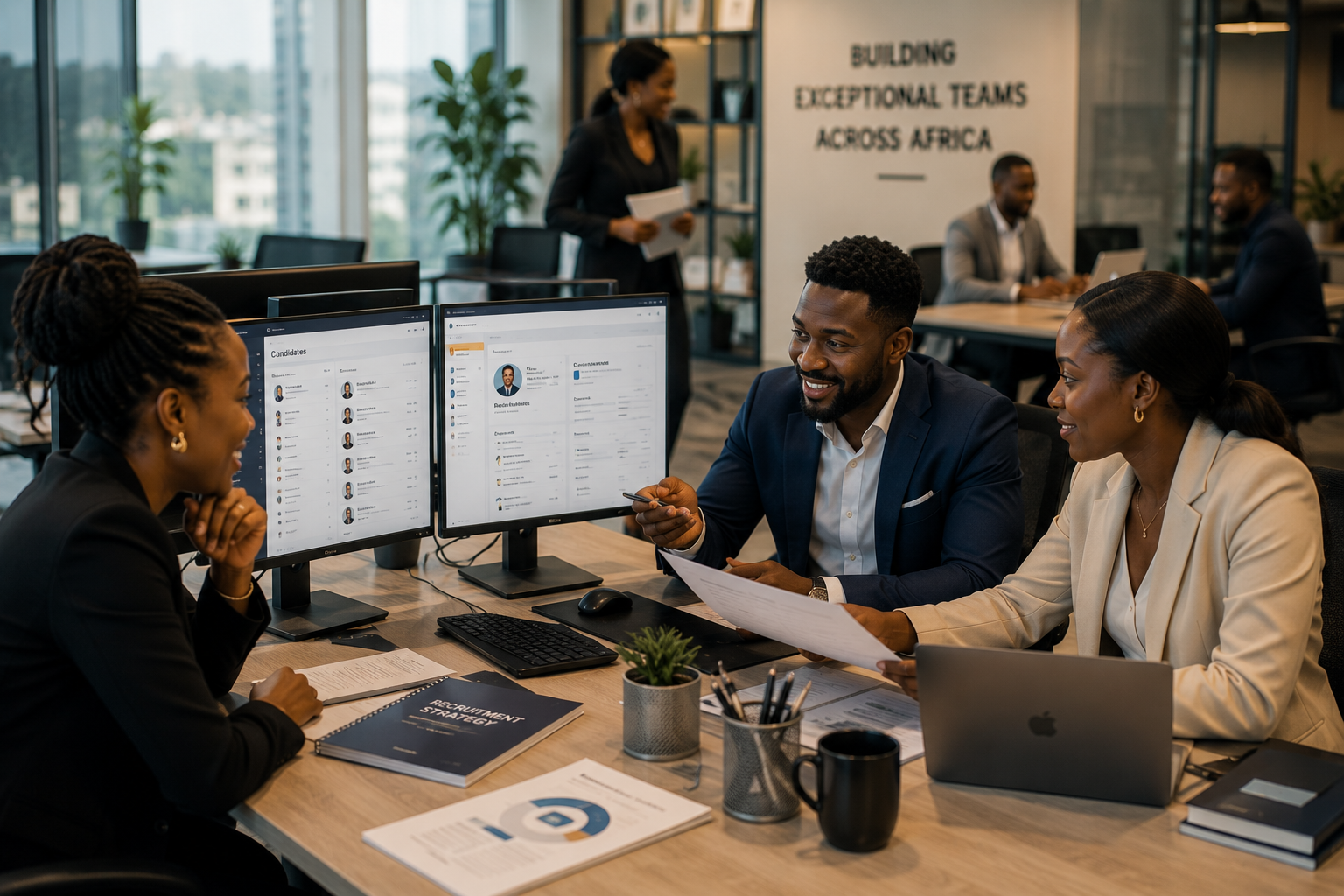 Three People and Partners Group (PPG) consultants collaborate at a desk reviewing a candidate shortlist on dual monitors, with a wall graphic reading 'Building Exceptional Teams Across Africa' in the background.