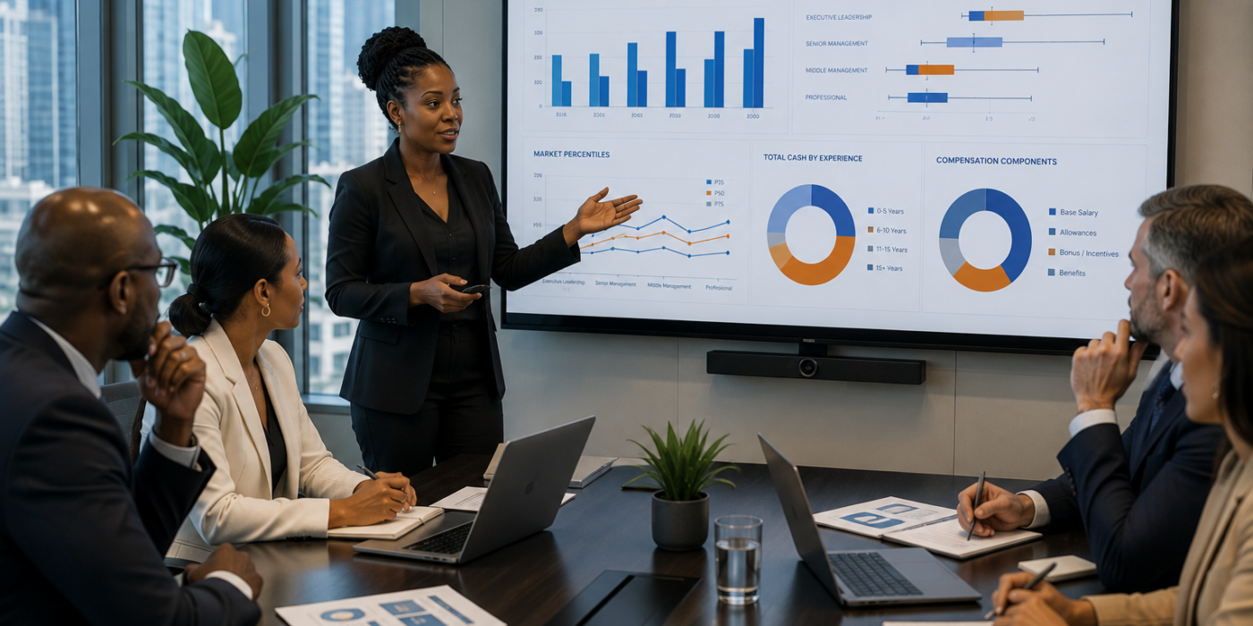 Team reviewing Ghana salary benchmark data on screen during an office presentation.