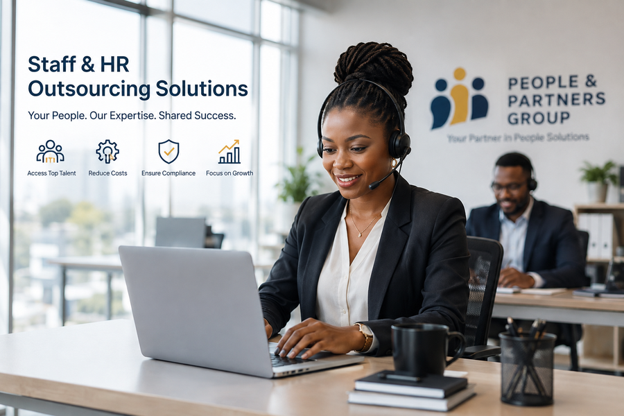 HR professional in a headset working at a laptop; staff and HR outsourcing services by People & Partners Group in Ghana.